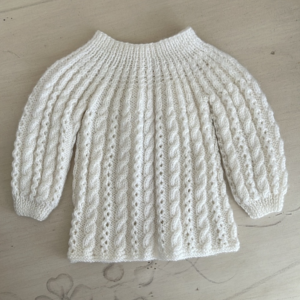 White Hand Knit Newborn Sweater with Cable